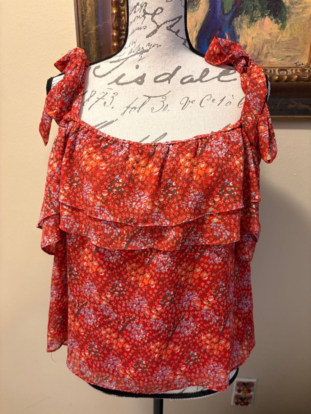 Rebecca Minkoff Red Floral Adjustable Tie-Strap Ruffle open shoulder lined top